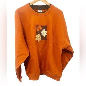 Jerzees Vintage Burnt Orange Leaves Embroidered Pullover Sweatshirt Size XL
